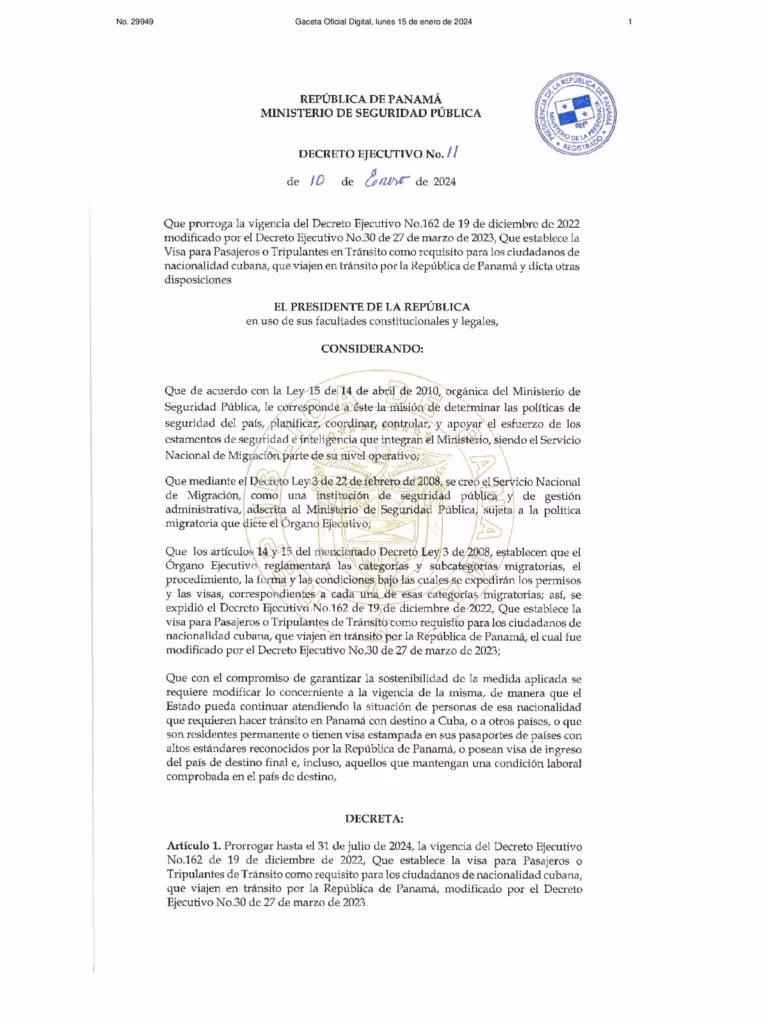 Decreto Ejecutivo No. 11 de 10 de enero de 2024