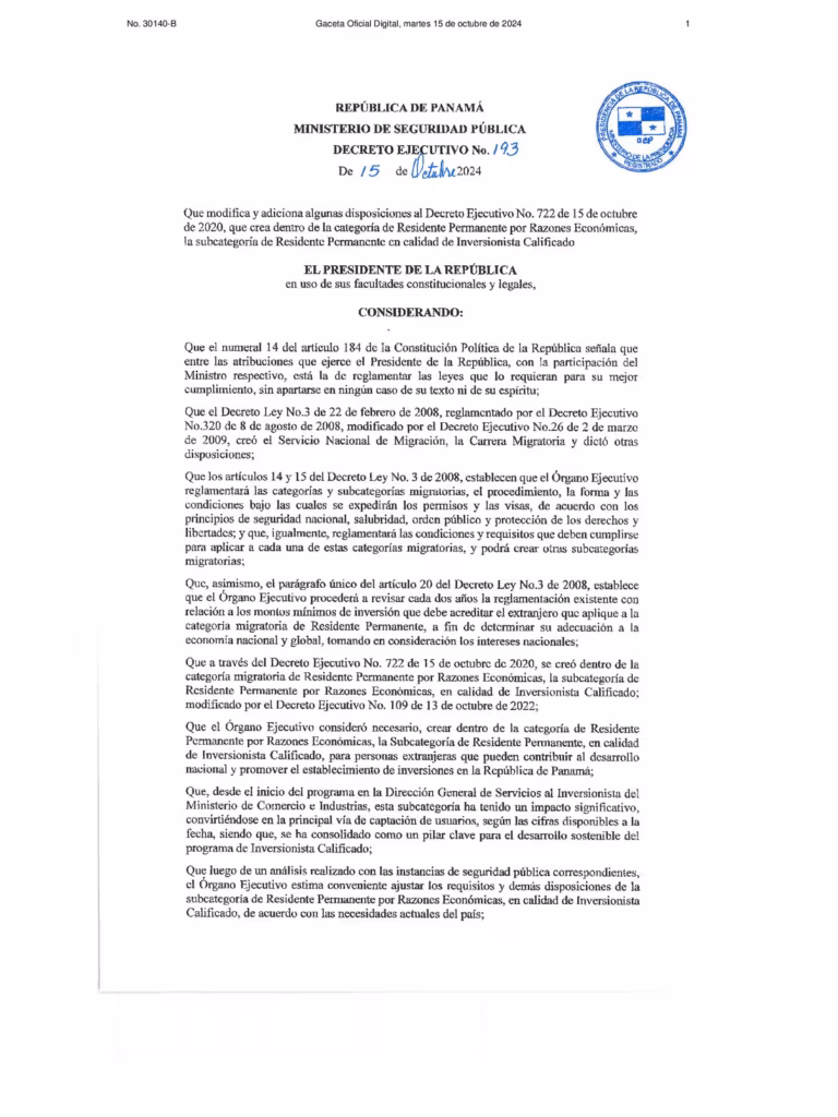 Decreto Ejecutivo No. 193 del 15 de octubre 2024