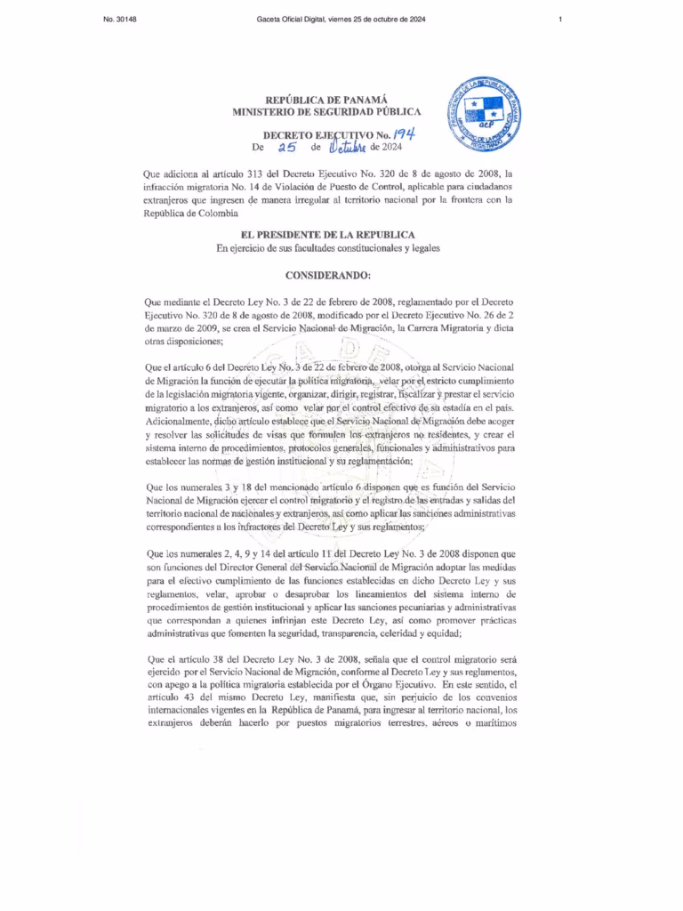 Decreto Ejecutivo No. 194 Del 25 De octubre De 2024