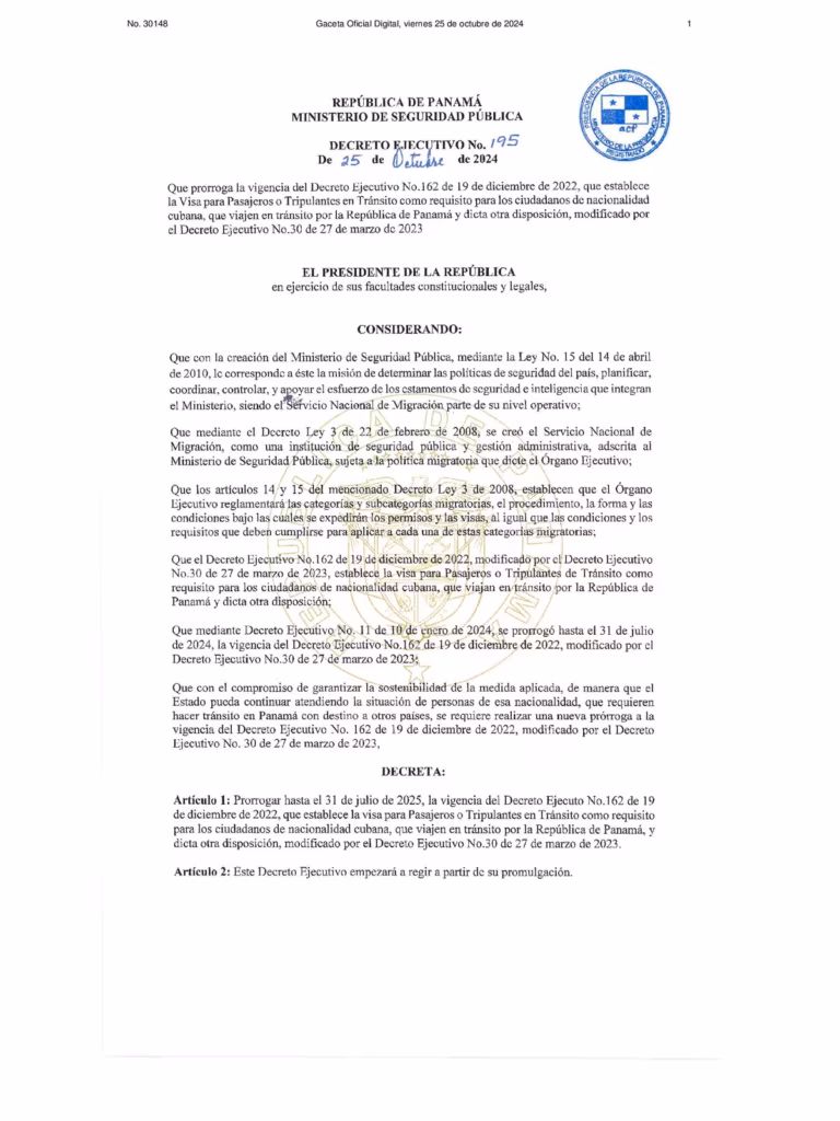 Decreto Ejecutivo No. 195 del 25 de octubre de 2024