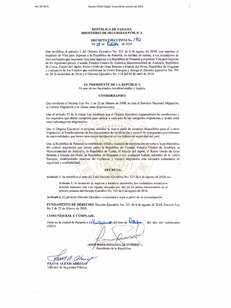 Decreto Ejecutivo No. 196 De 28 De Darién De 2024